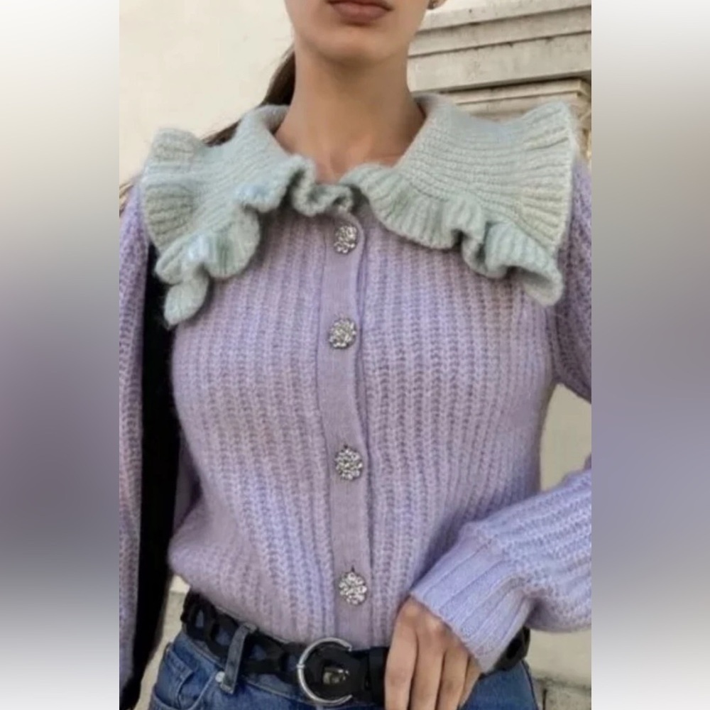 ZARA BIB Collar Knit Cardigan With Crystal Buttons Size: S